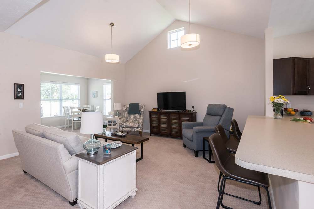 Living room for single bedroom town home at Legacy Living Fishers in Fishers,Indiana
