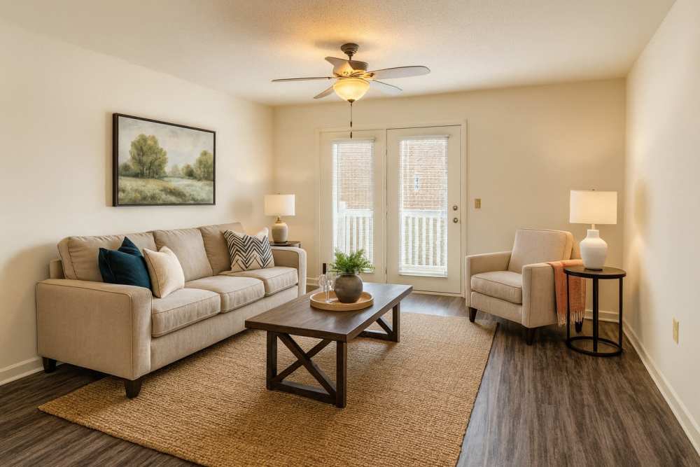 Spacious living room with vinyl plank flooring and natural light at Cowan Farms in Rock Hill, South Carolina