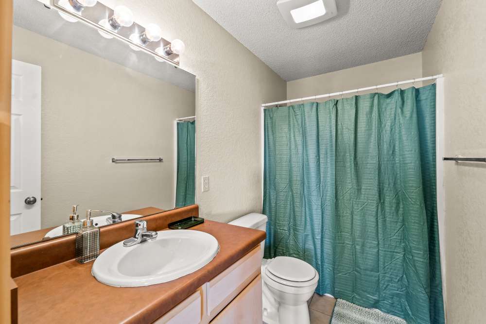 Bright bathroom with sink, mirror, toilet, and shower with green curtain at Callaway Village Apartments in Fulton, Missouri