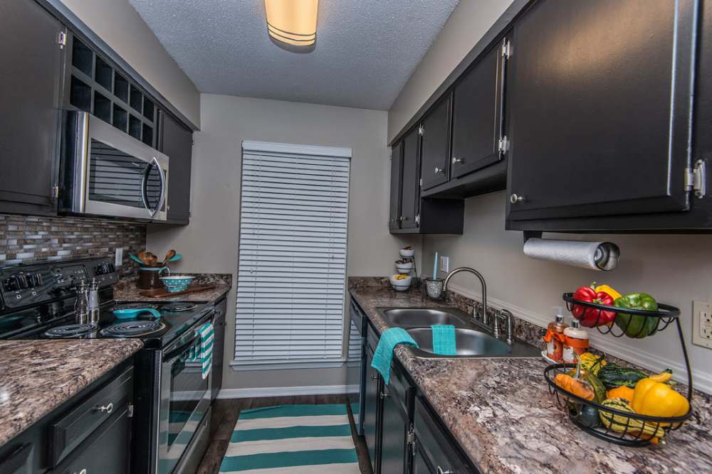 Modern kitchen with dark cabinets and stainless appliances at Spanish Oaks in Charleston, South Carolina