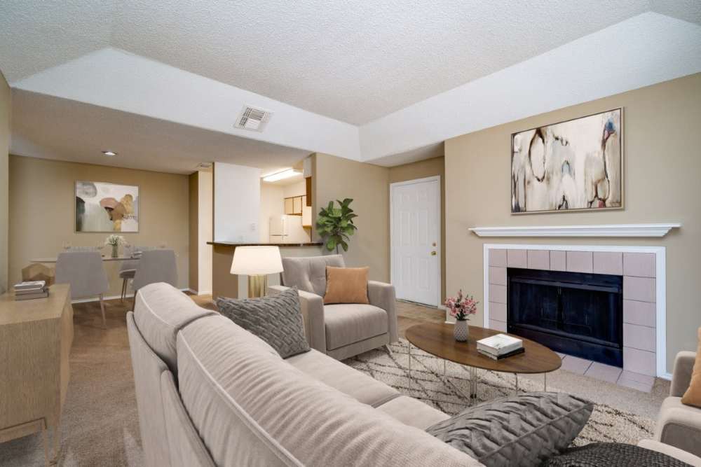 Model home living room with fireplace at The Commons in Cincinnati, Ohio