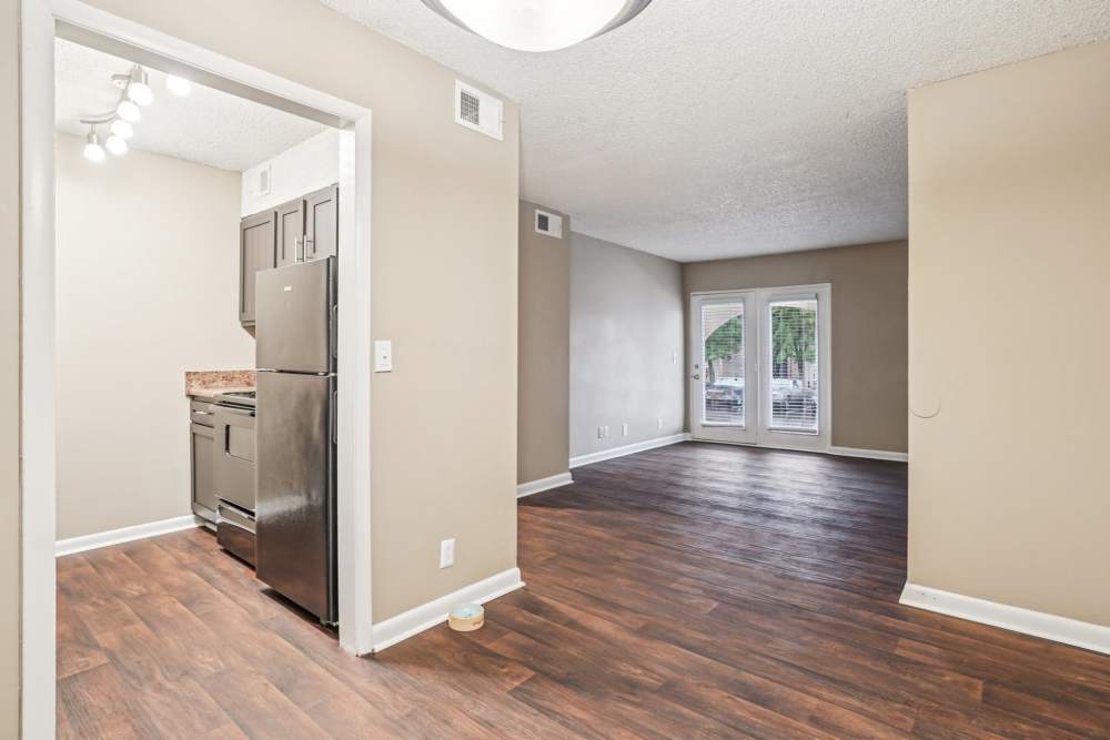 Open concept of dining room into living room and kitchen