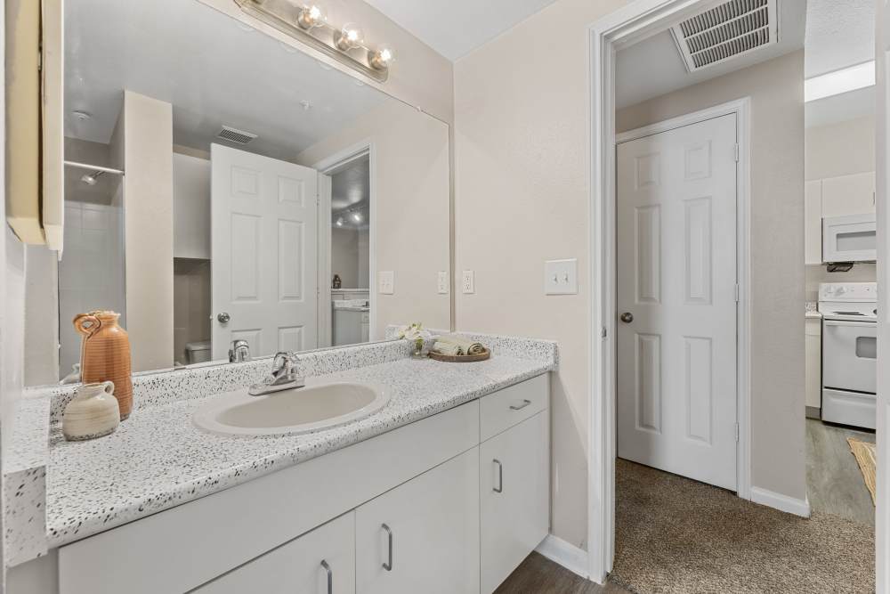 Bright bathroom at Columbia Greens in Houston, Texas