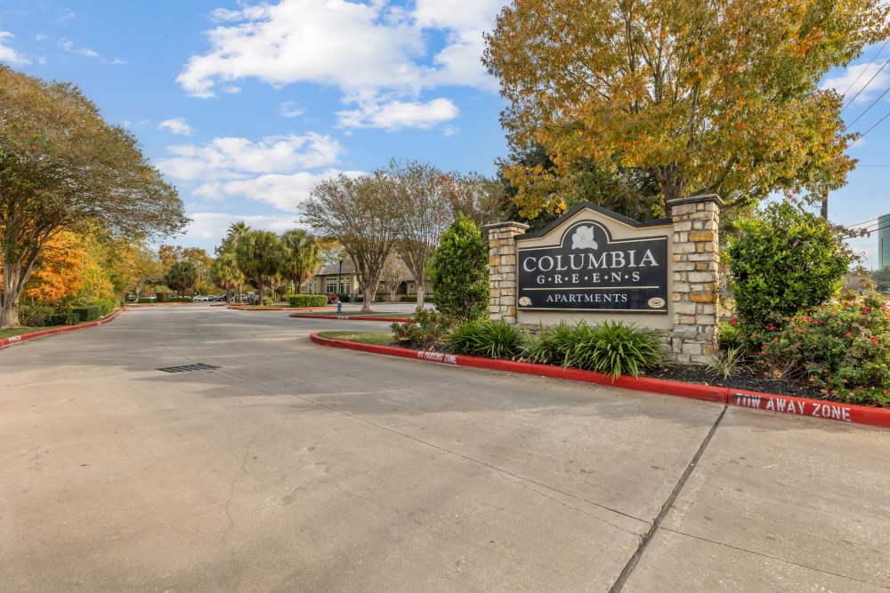 Apartment signboard at Columbia Greens in Houston, Texas