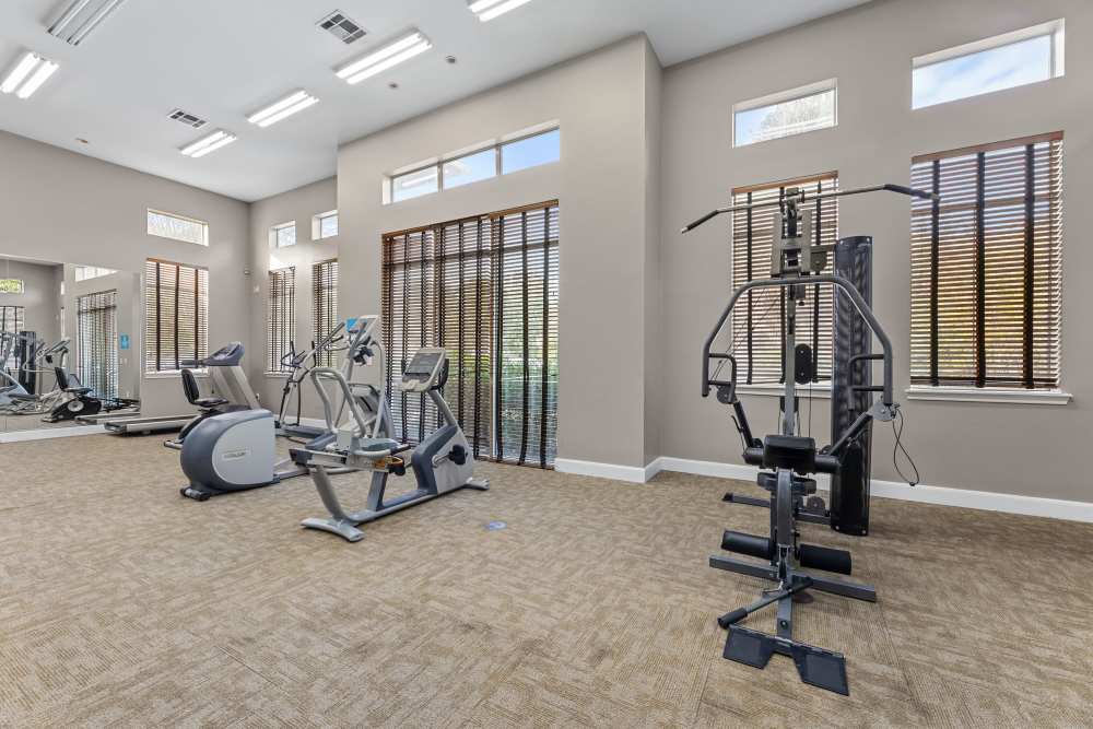 Spacious fitness center with large windows  at Columbia Greens in Houston, Texas