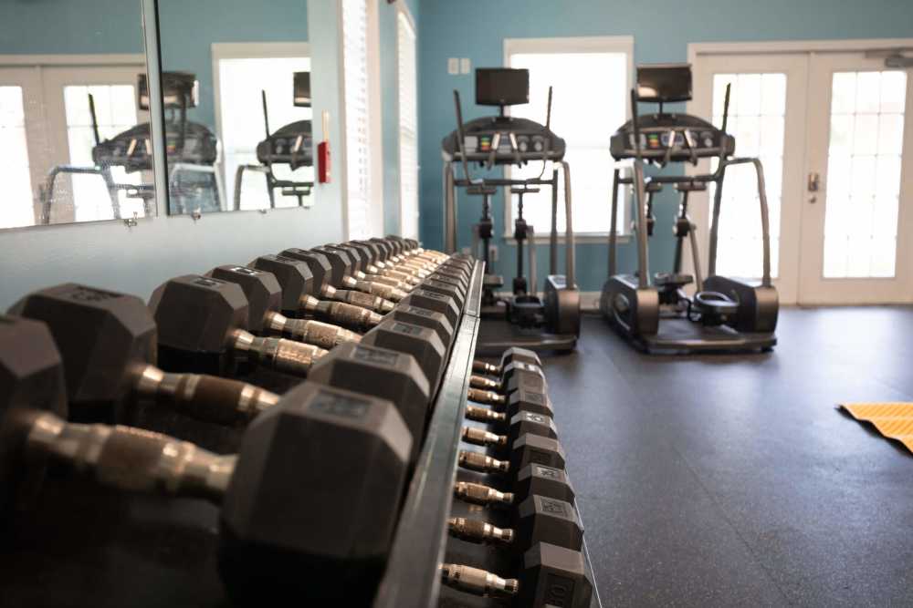 Dumbbells stacked inside the fitness center at Preserve at Lauren's Creek in Aiken,South Carolina