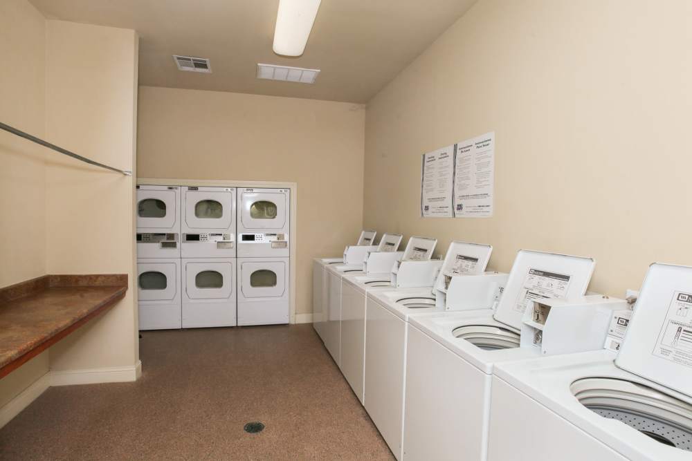 Bright laundry room with multiple washers and dryers available at Country Lane in Angleton, Texas