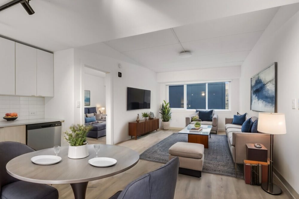 Modern living room view from dining at Mily on Green in Philadelphia, Pennsylvania