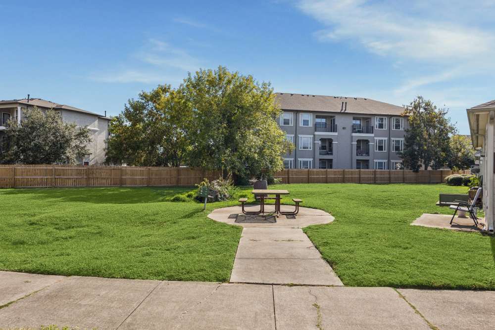 Lush green lawn with picnic area and shaded trees at Gibraltar Senior in Clute, Texas