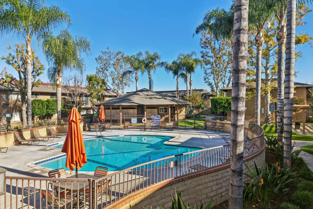 Community swimming pool at Casa Sierra in Riverside, California