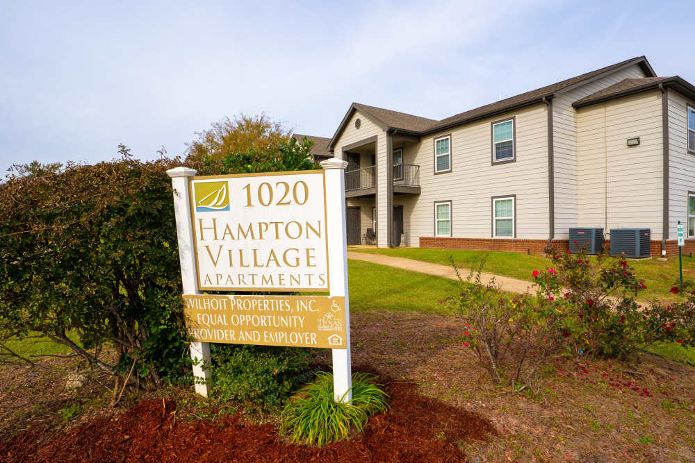 Apartment sign board at Hampton Village in Palestine, Texas