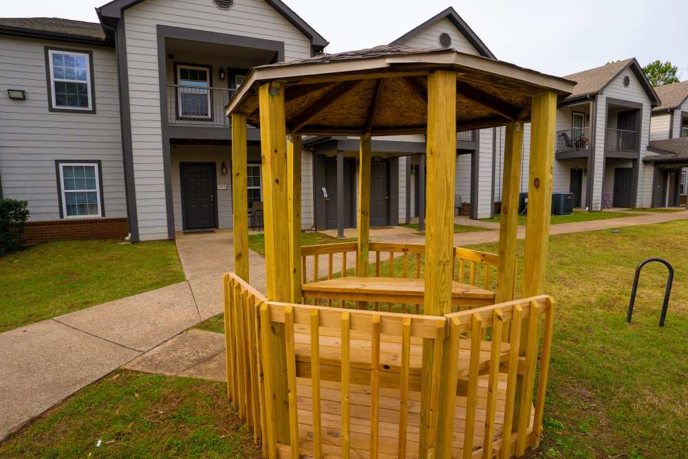 Canopy seating in playground at Hampton Village in Palestine, Texas