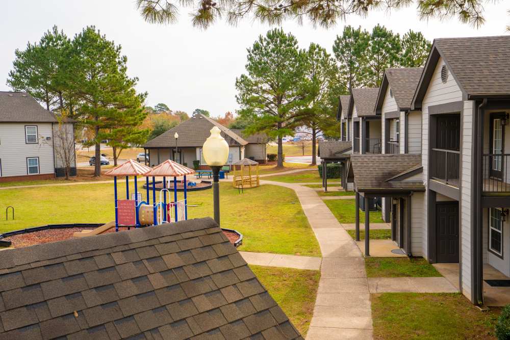 Playground view from patio at Hampton Village in Palestine, Texas