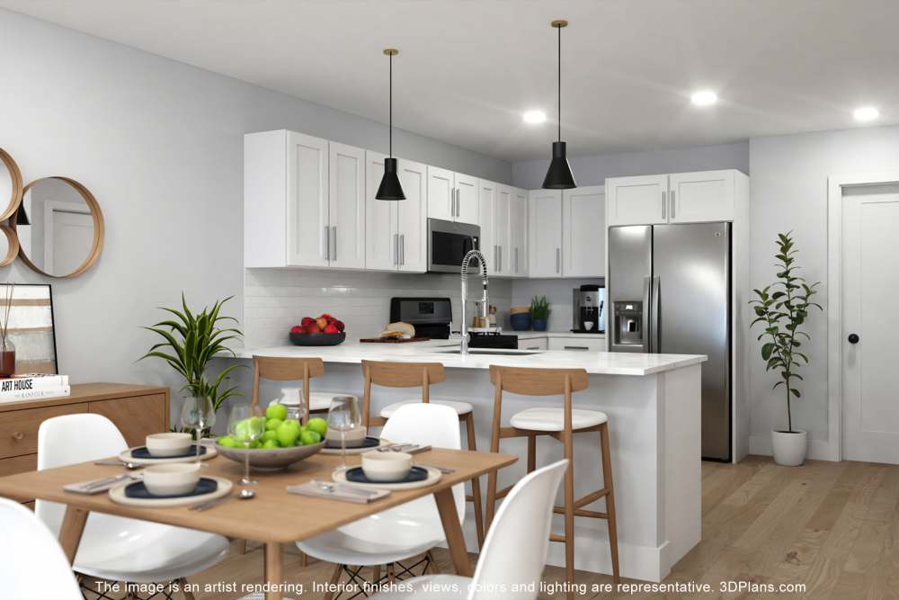 A living room with access to the modern kitchen having stainless steel appliances at Hampton Square in Cherry Hill, New Jersey