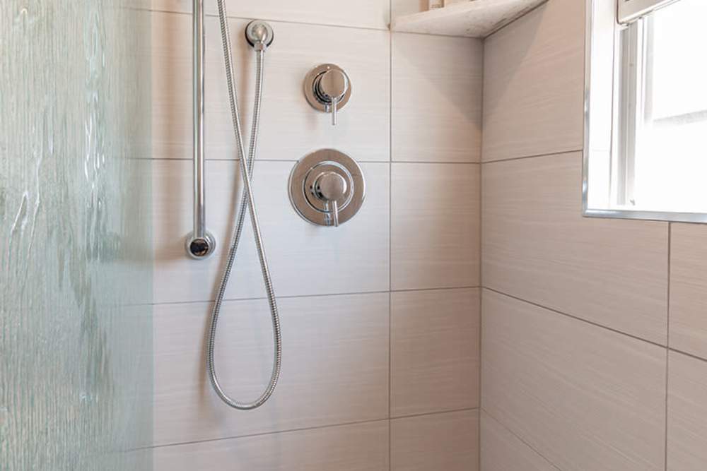 Shower area inside bathroom at Iwood I in Inglewood,California