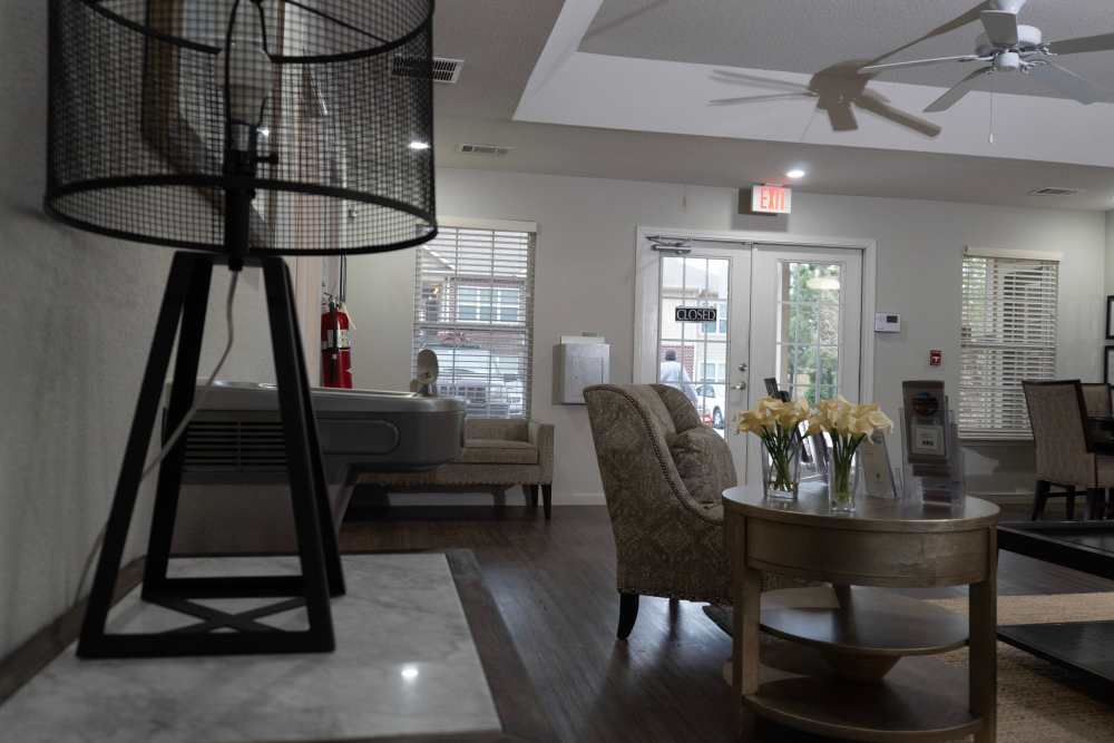 CLubhouse with seating at the entrance at Hardin Terrace in Jefferson, Georgia