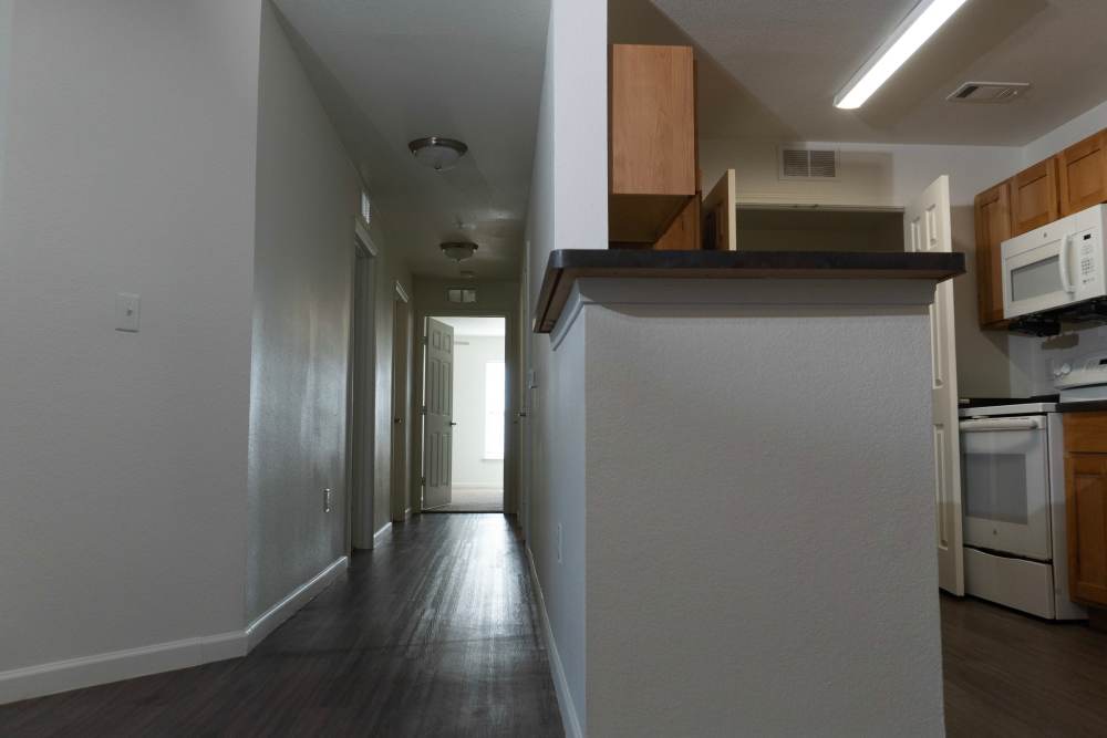 View of kitchen and hallway at Hardin Terrace in Jefferson, Georgia