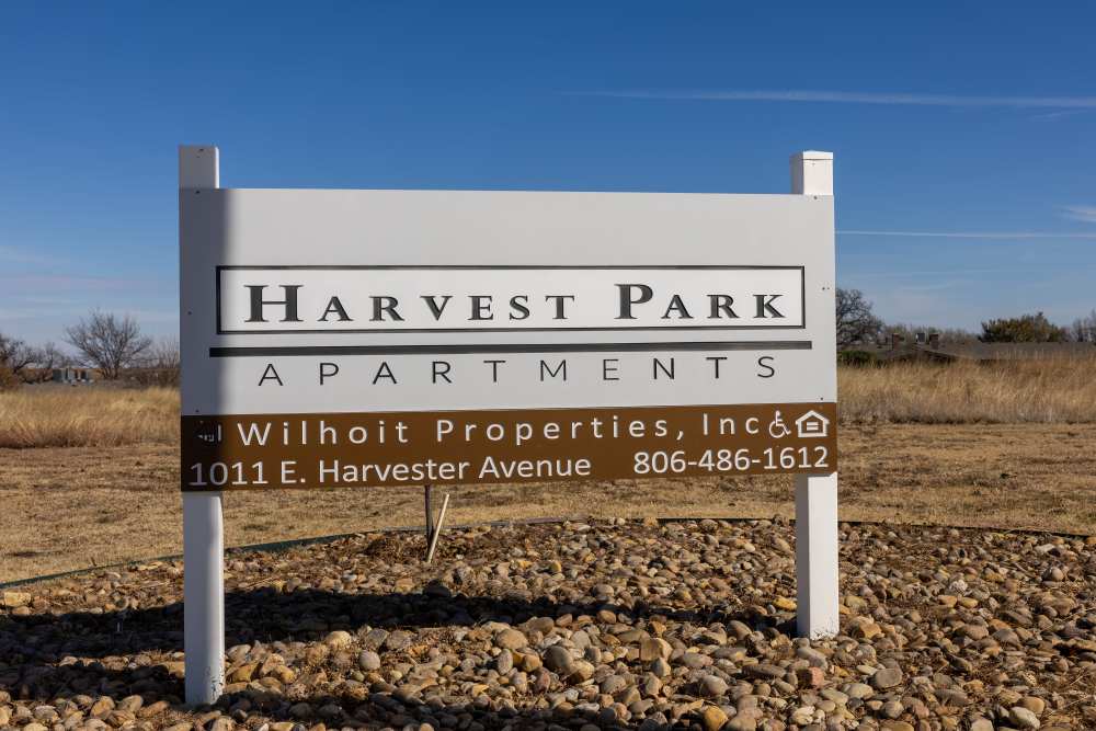 Property sign board at Harvest Park in Pampa, Texas