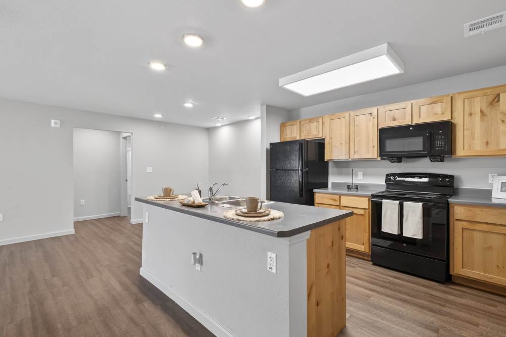 Fully equipped kitchen with black appliances at Juniper Pointe in Kaufman, Texas