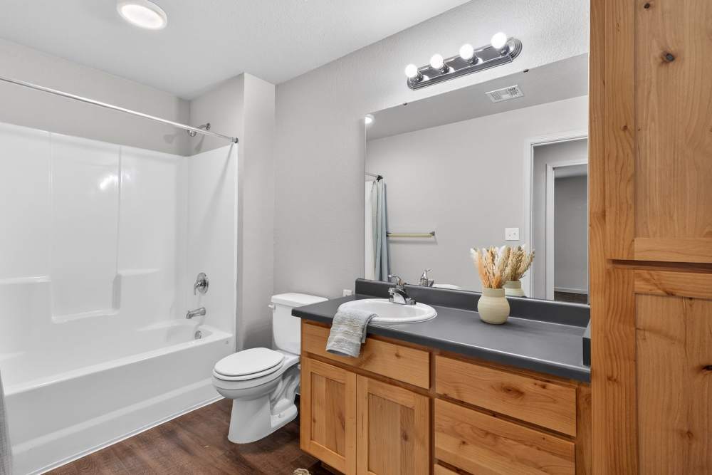 Modern bathroom with tub and commode at Juniper Pointe in Kaufman, Texas