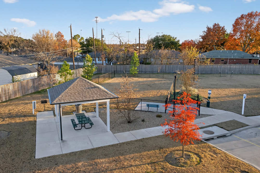 Seating area with canopy at Juniper Pointe in Kaufman, Texas