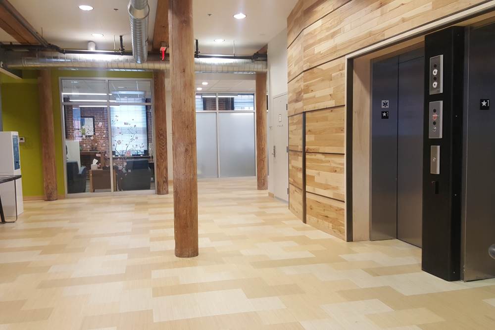 Community Lounge lift area  at Duck Mill in Lawrence, Massachusetts