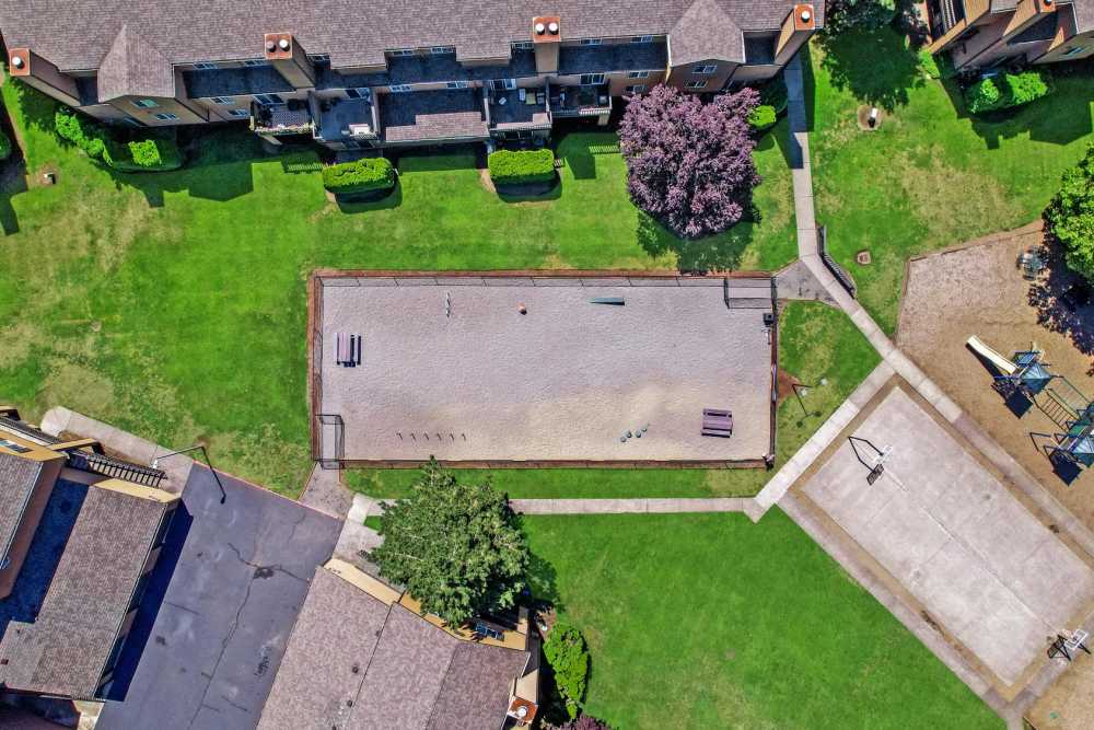 Aerial view of the dog park and sports court at Renaissance at 29th Apartments in Vancouver, Washington