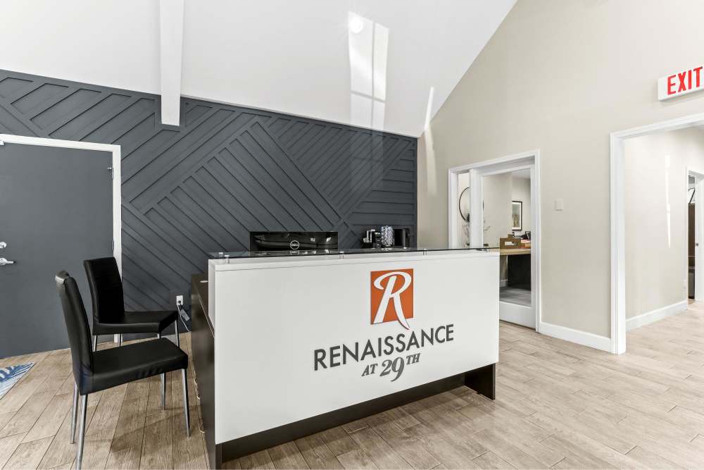 Modern leasing office reception desk at Renaissance at 29th Apartments in Vancouver, Washington