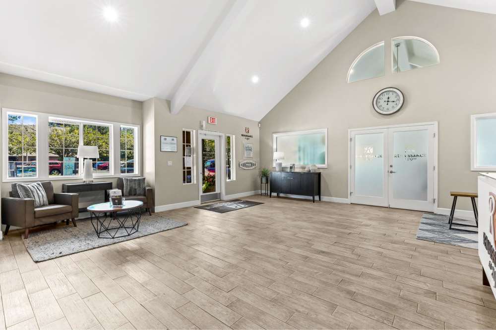 Spacious lobby with seating area at Renaissance at 29th Apartments in Vancouver, Washington