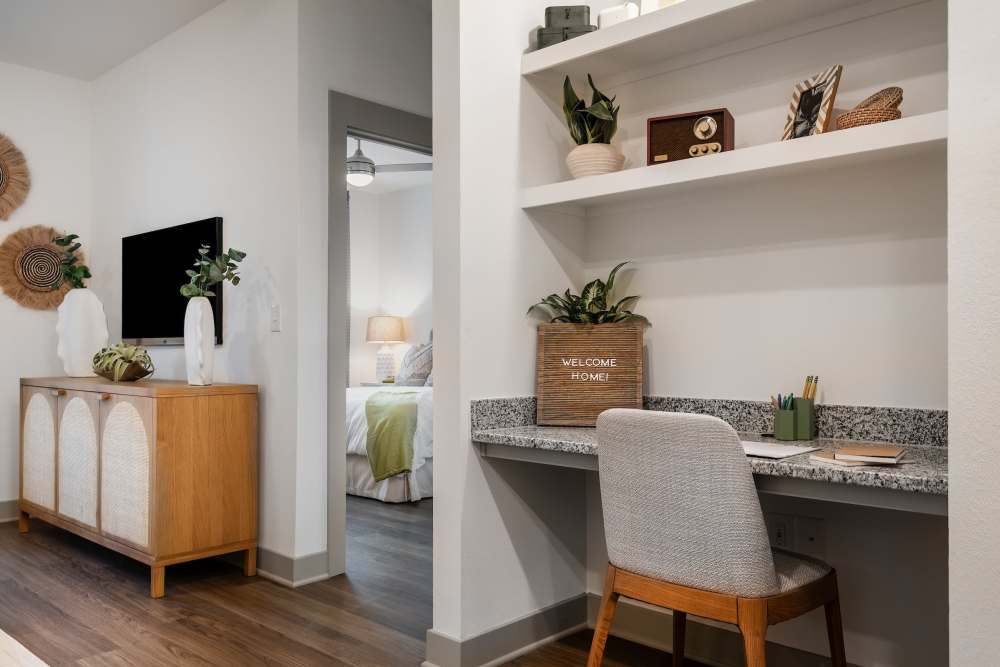 built in desk and shelves in living room