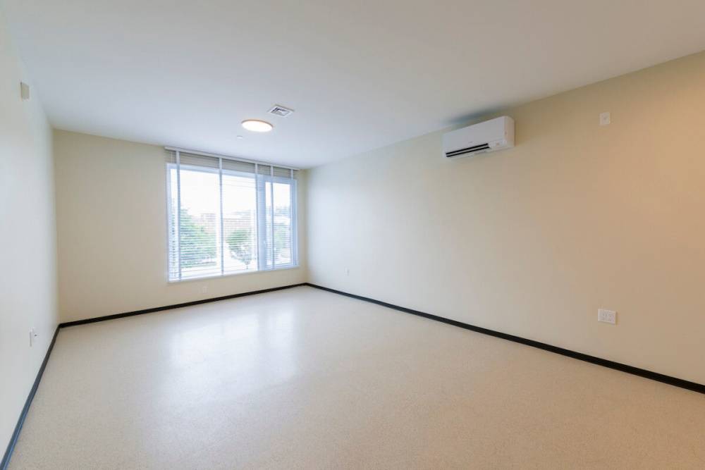 Open layout living room with hard-wood style flooring and plenty of room for a couch, chair, TV, plants, media stand, and outdoor access at Island Parkside in Lawrence, Massachusetts