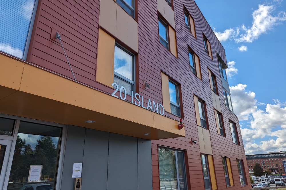 Front entrance sign atIsland Parkside in Lawrence, Massachusetts