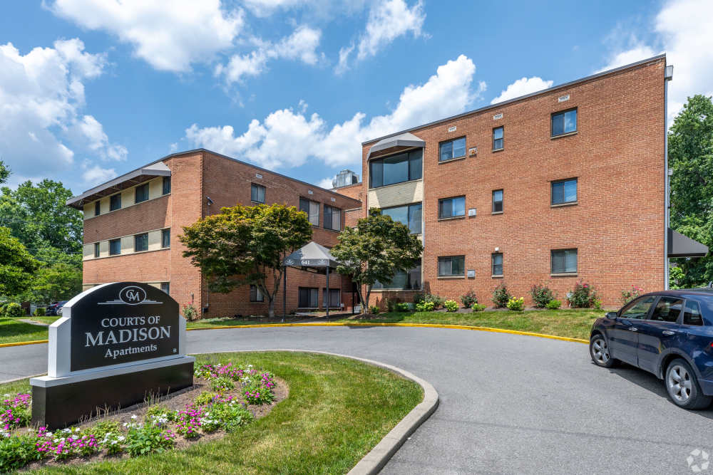 Building exterior at Courts Of Madison in Silver Spring, Maryland