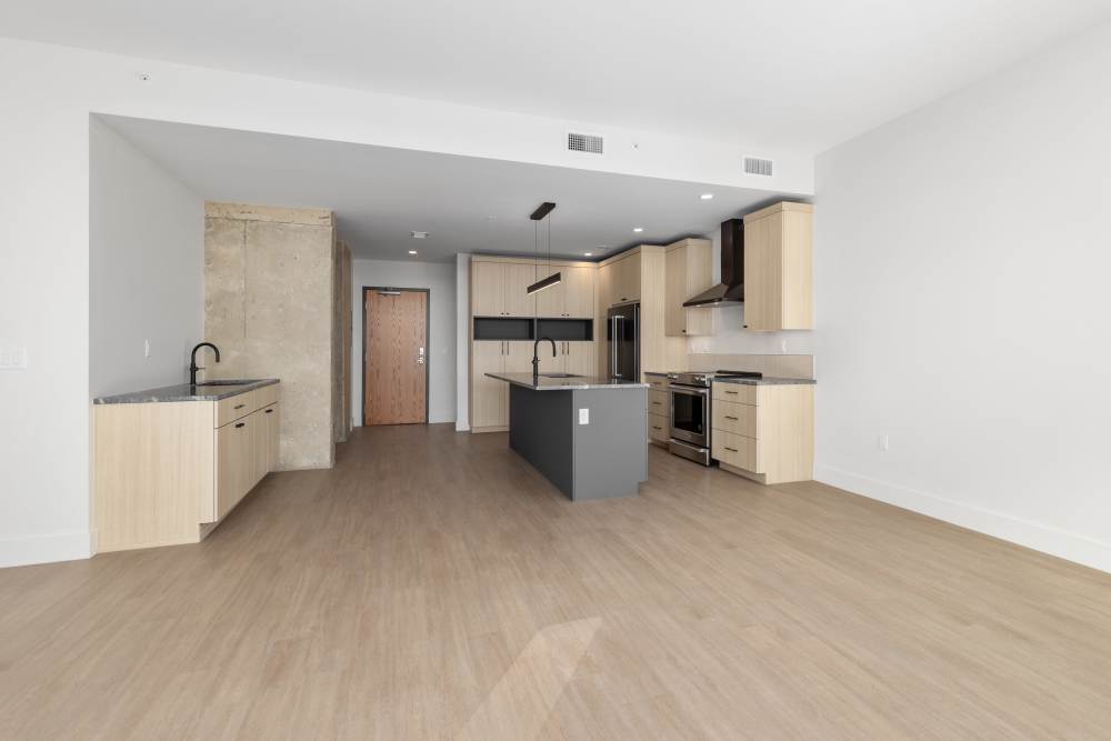 Open living and kitchen area with wood floors and modern finishes at Studio Park Tower & Lofts in Grand Rapids, Michigan
