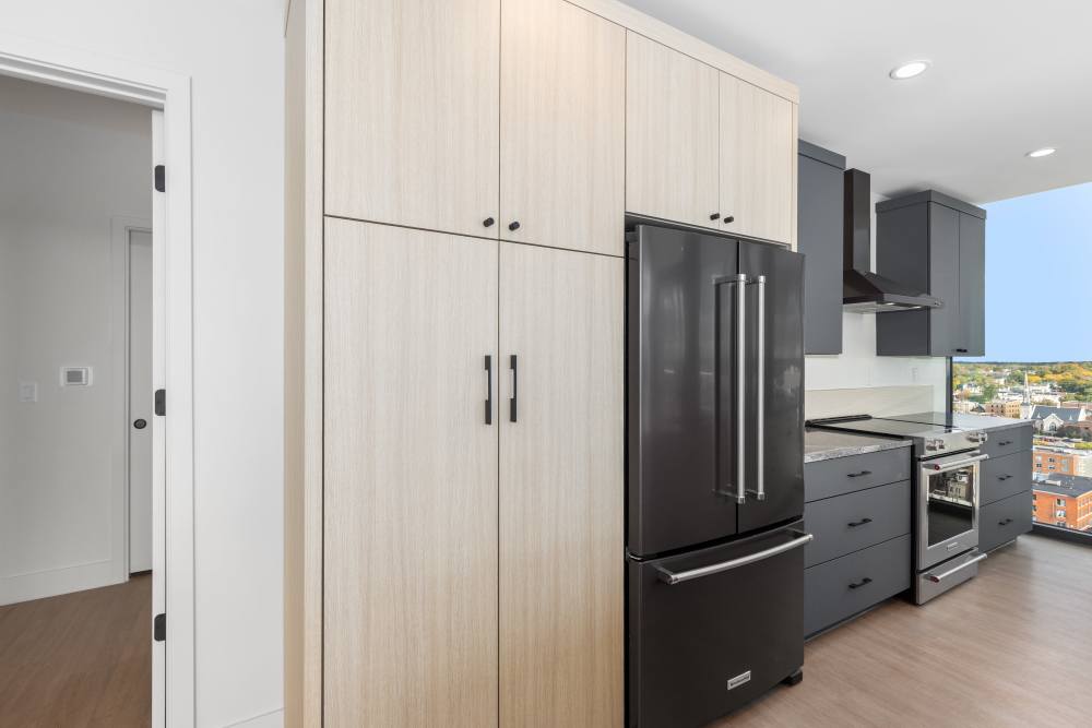 Tall pantry cabinets and modern appliances in kitchen with city view at Studio Park Tower & Lofts in Grand Rapids, Michigan