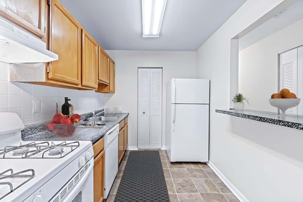 Kitchen with stainless-steel appliances at Fox Club in Capitol Heights, Maryland