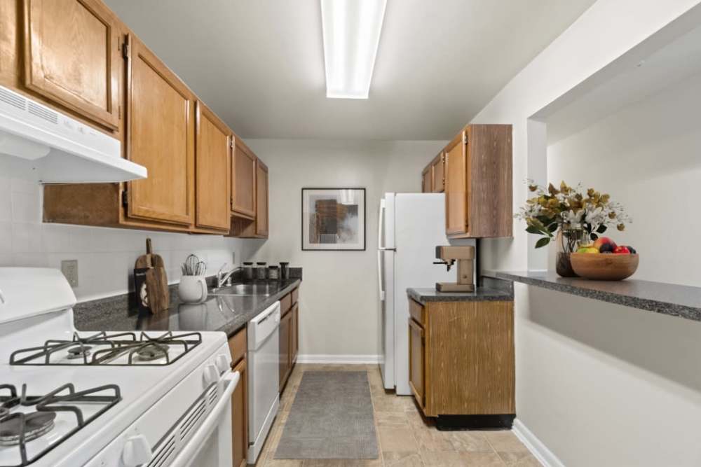 Kitchen with wooden cabinets and stainless-steel appliances at Fox Club in Capitol Heights, Maryland