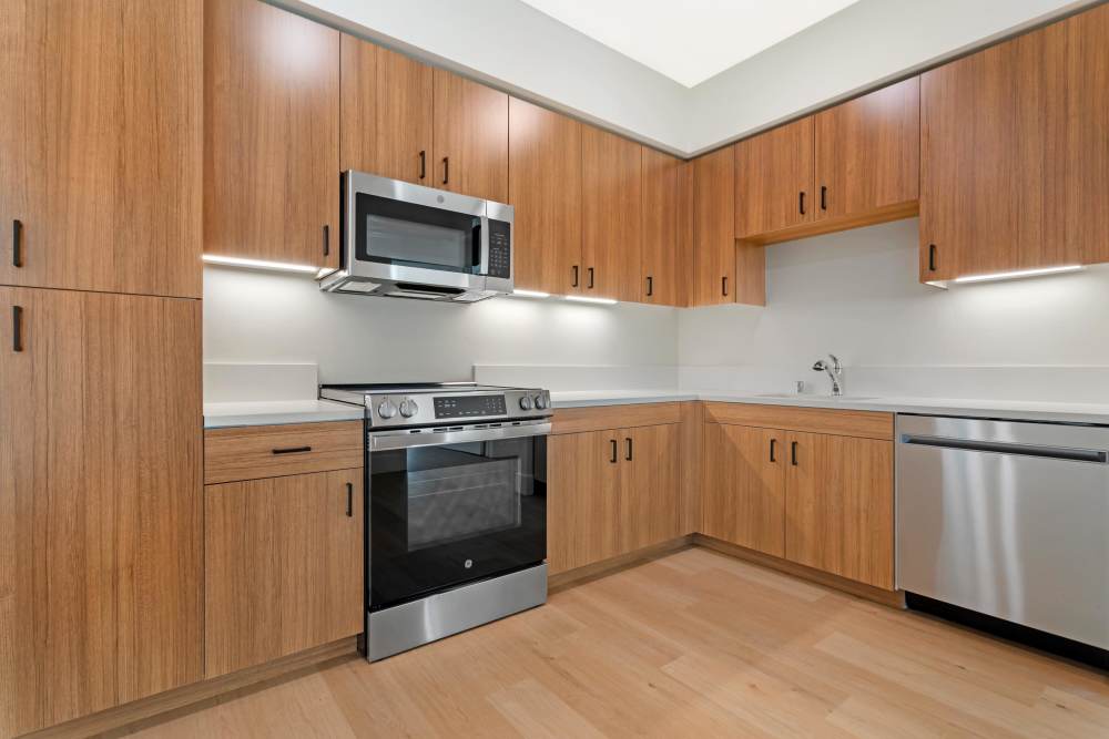 Kitchen and Dining/Living Room at The Millton with wood style plank flooring and stainless steel appliances.
