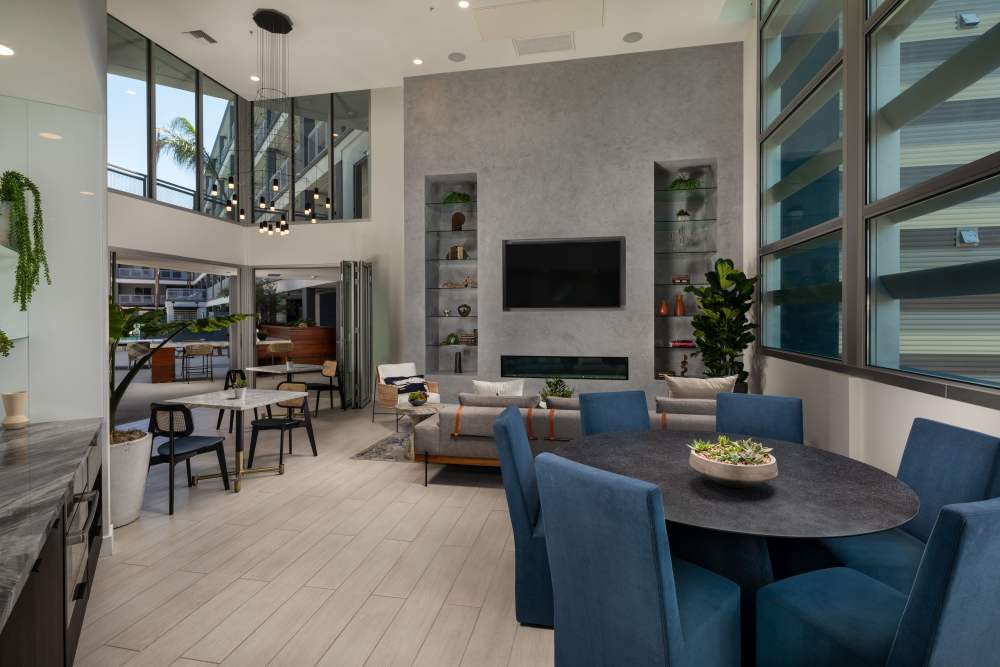 Clubhouse with fireplace at Haven Apartments in Los Angeles, California