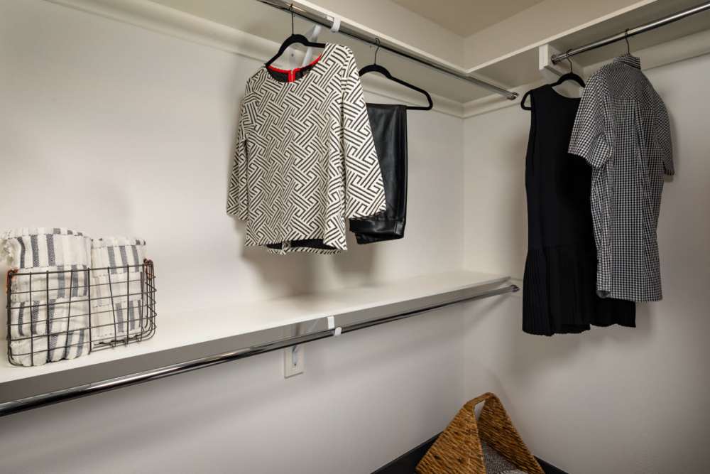 Closet with cloth at Haven Apartments in Los Angeles, California