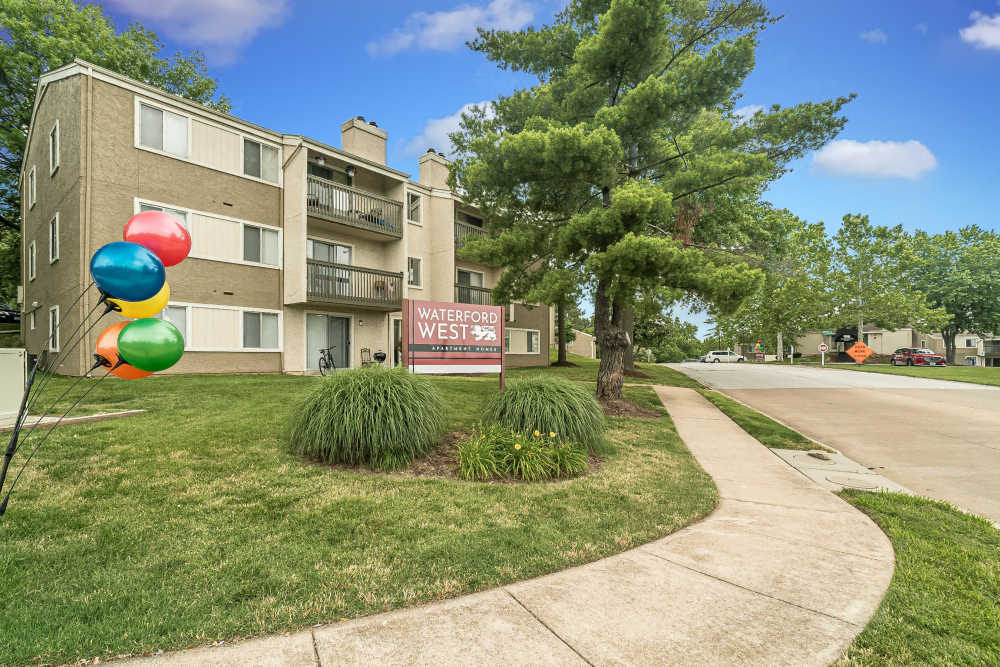 Apartment entry with sign board at Waterford West in Manchester, Missouri