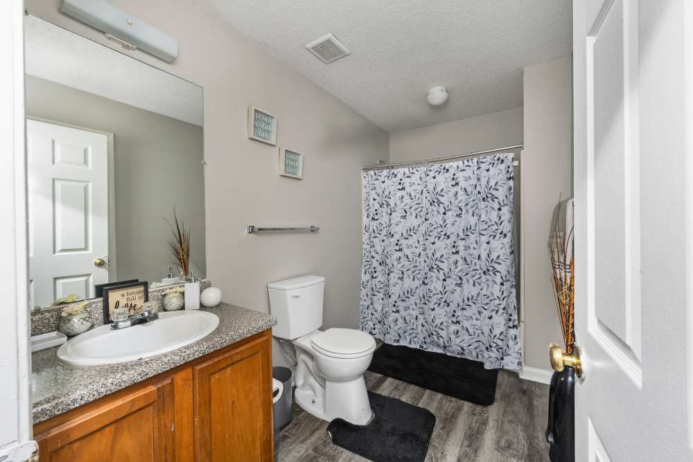 Bathroom with toilet, floral shower curtain, and decorative wall art at Livingston Oaks in Birmingham, Alabama 
