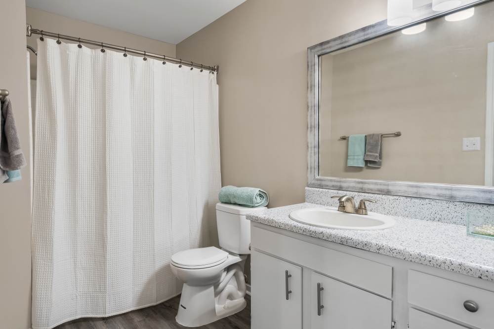 Plenty of counter space in an apartment bathroom at Renaissance at Galleria in Hoover, Alabama