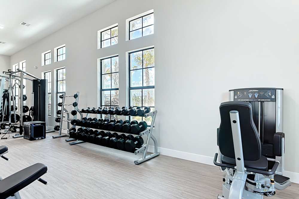 Fitness Center with dumbells and modern equipment and machine at BB Living at Lakewood Ranch in Lakewood Ranch, Florida