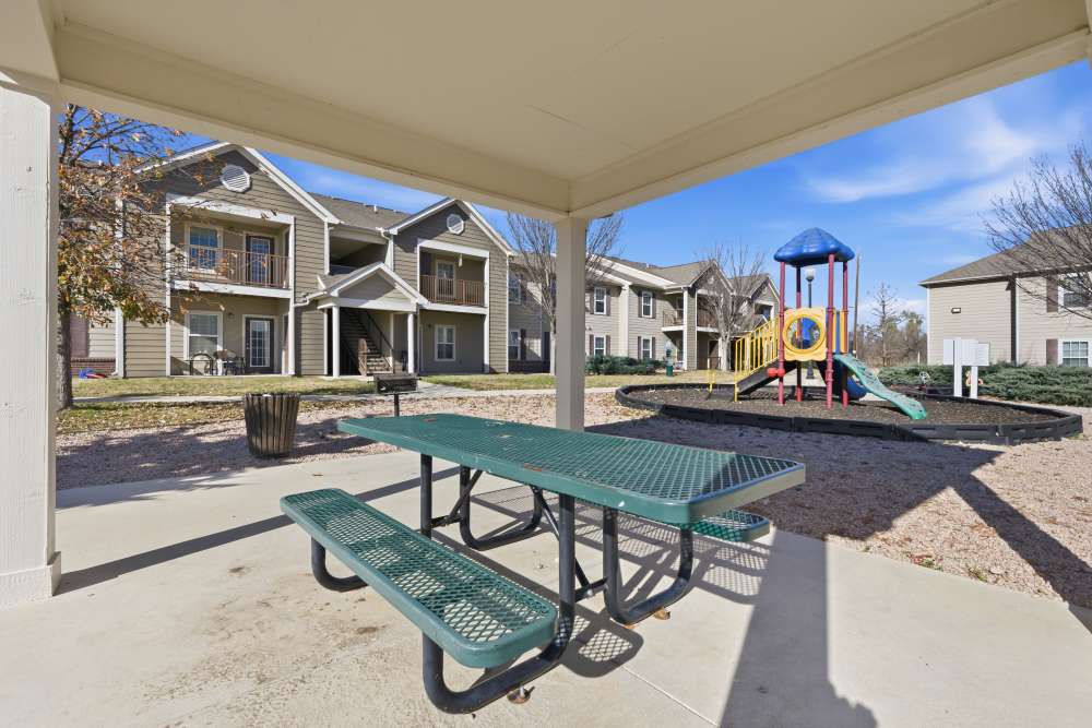 Covered picnic area with playground in a residential community at Riverside Park in Early, Texas