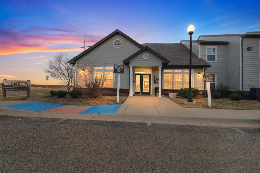 Night view of an apartment at Rose Meadows Apartments in Levelland,Texas