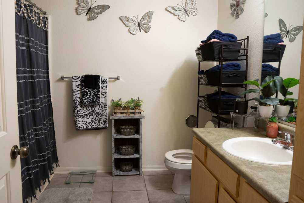 Double storage vanity in the bathroom at Stonebridge in Jacksonville, Illinois
