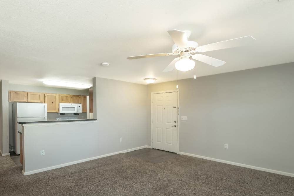 Living area of apartment with carpet flooring at Sunnydale Pointe in Wichita, Kansas