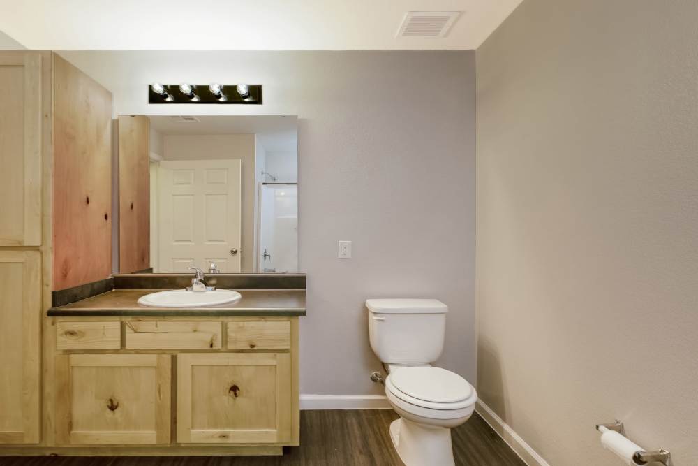 Storage vanity sink in apartment bathroom at Sunnydale Pointe in Wichita, Kansas