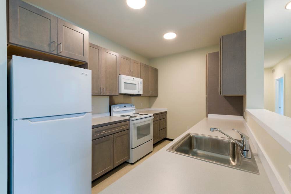 Kitchen island with dishwasher, sink with waterfall faucet, and granite countertops at Island Parkside in Lawrence, Massachusetts